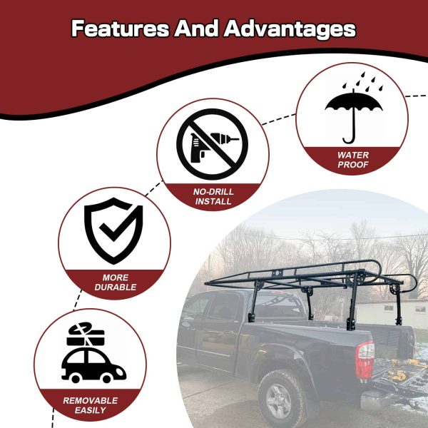 Kojem Universal Kayak Lumber Rack 1000 LBS Adjustable Truck Bed Rack Contractors Ladder Pickup Side Bar Long Cab Over-Cab - Image 5