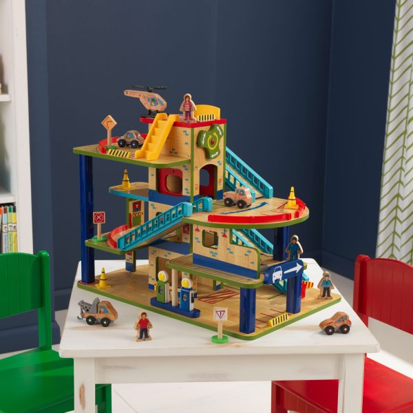 Wash N Go Wooden Car Garage Playset with 19 Accessories and Moving Elevator - Image 2
