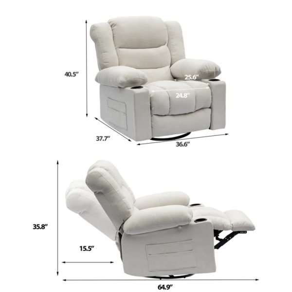 36.6  Wide Super Soft and Oversize Chenille Manual Swivel Rocker Heating Massage Recliner Chair with Cupholders for Living Room, Bedroom, Beige - Image 4
