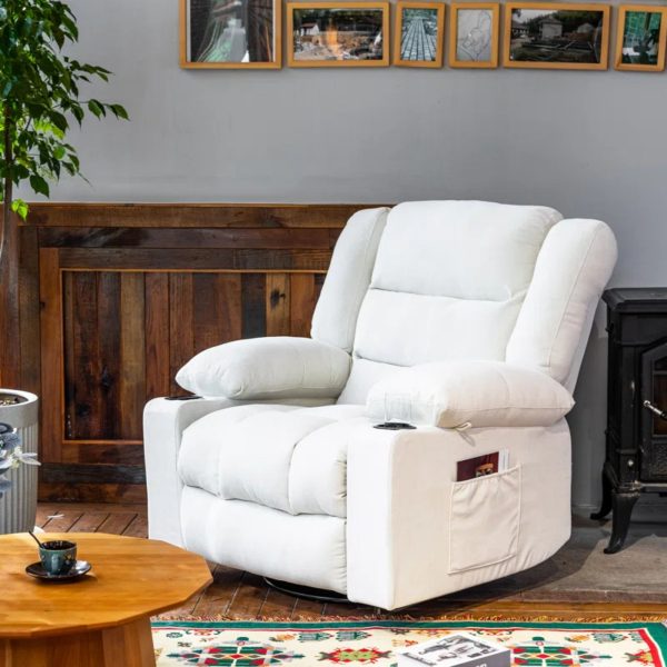 36.6  Wide Super Soft and Oversize Chenille Manual Swivel Rocker Heating Massage Recliner Chair with Cupholders for Living Room, Bedroom, Beige - Image 5