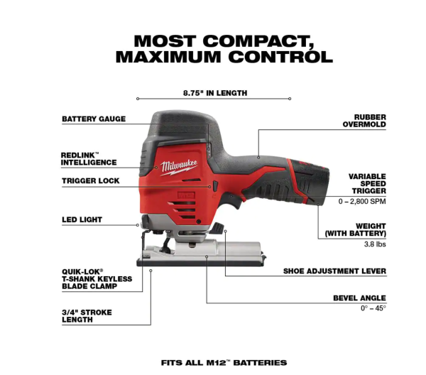 M12 12V Cordless Jig Saw Kit with Battery and Caulk Gun - Image 2