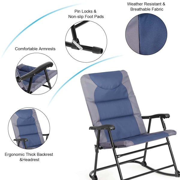 3PCS Folding Bistro Set Rocking Chair Cushioned Table Garden Blue - Image 9