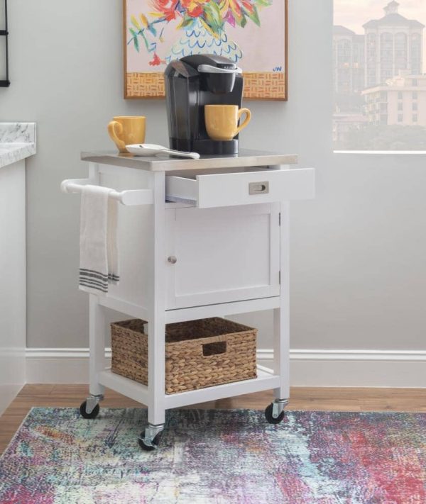 White Wood Base with Stainless Steel Metal Top Rolling Kitchen Cart (25.5-in x 18-in x 36-in) - Image 5