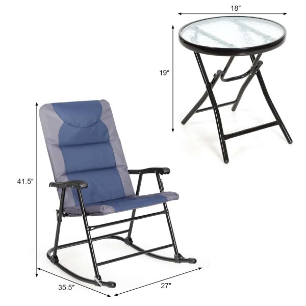 3PCS Folding Bistro Set Rocking Chair Cushioned Table Garden Blue - Image 2