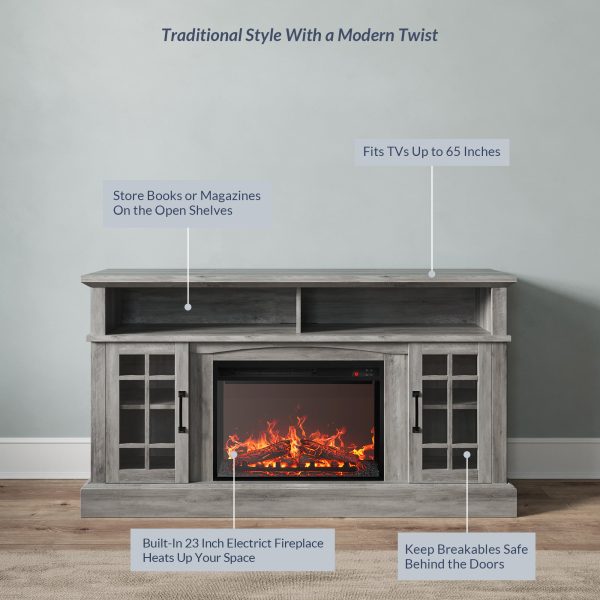 58  TV Stand with 23  Electric Fireplace, Fireplace TV Console for TVs up to 65 , Home Entertainment Center with Storage Cabinet and Adjustable Shelves   Astorga (Gray Wash) - Image 3