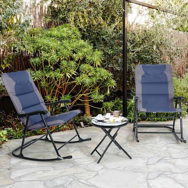 3PCS Folding Bistro Set Rocking Chair Cushioned Table Garden Blue - Image 5