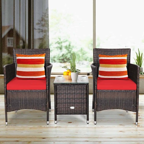 CASAINC Patio conversation-Set 3-Piece Rattan Patio Conversation Set with Red Cushions - Image 2