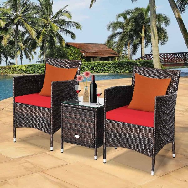 CASAINC Patio conversation-Set 3-Piece Rattan Patio Conversation Set with Red Cushions