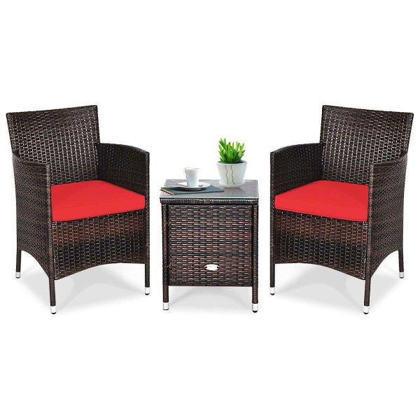 CASAINC Patio conversation-Set 3-Piece Rattan Patio Conversation Set with Red Cushions - Image 3