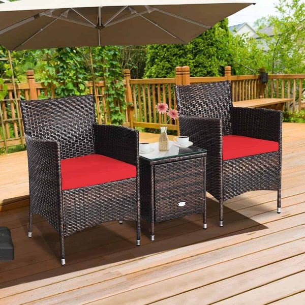 CASAINC Patio conversation-Set 3-Piece Rattan Patio Conversation Set with Red Cushions - Image 7