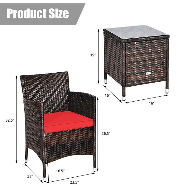 CASAINC Patio conversation-Set 3-Piece Rattan Patio Conversation Set with Red Cushions - Image 4
