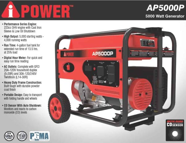 A-iPower High Output 5000/4000-Watt Portable Generator with Hour Meter   CARB Compliant - Image 2