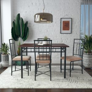 Louise Traditional 5-Piece Wood   Metal Dining Set, Deep Walnut