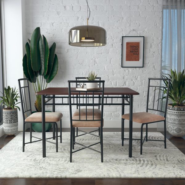 Louise Traditional 5-Piece Wood   Metal Dining Set, Deep Walnut