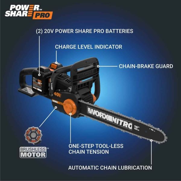 WORX NITRO POWER SHARE 40-volt 16-in Brushless Battery 4 Ah Chainsaw (Battery and Charger Included) - Image 2