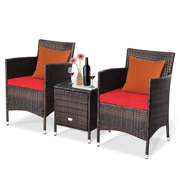 CASAINC Patio conversation-Set 3-Piece Rattan Patio Conversation Set with Red Cushions - Image 8