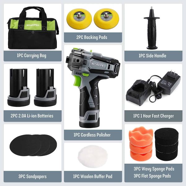 WORKPRO 12V Cordless Polisher, 3  Mini Car Detailing Buffer   Sander Machine Kit - Image 2