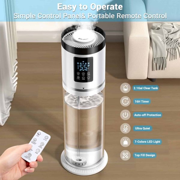 Hiswelle Humidifiers for Bedroom Large Room with Clear Tank, 7-Color Ambient Light, 8L 2.1Gal 36dB Ultrasonic Cool Mist Humidifiers - Image 3