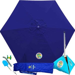 BEACHBUB All-In-One Beach Umbrella System. Includes 7.5 foot (50+ UPF) Umbrella, Oversize Bag, Base   Accessory Kit