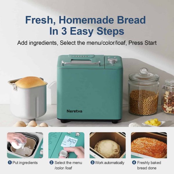 Neretva Bread Maker Machine, 20-in-1 2LB Automatic Breadmaker with Gluten Free Pizza Sourdough Setting   Green - Image 4