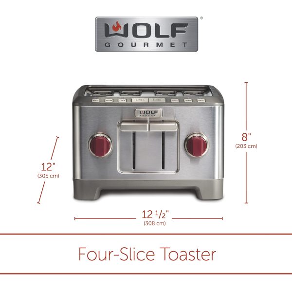 Wolf Gourmet 4-Slice Extra-Wide Slot Toaster with Shade Selector, Bagel and Defrost Settings, Red Knob, Stainless Steel - Image 2