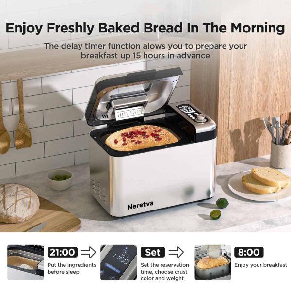 Neretva Bread Maker Machine, 15-in-1 3.3LB Automatic Breadmaker with Dual Kneading Paddles Digital - Image 6