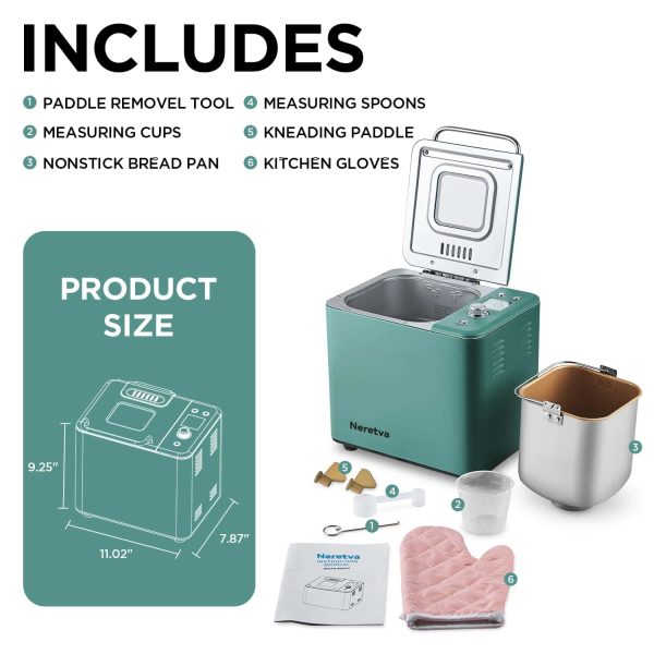 Neretva Bread Maker Machine, 20-in-1 2LB Automatic Breadmaker with Gluten Free Pizza Sourdough Setting   Green - Image 2