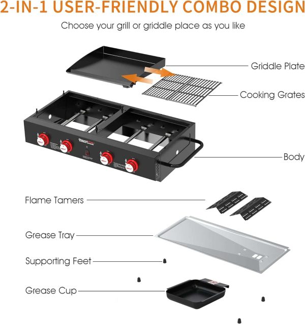 GD4002T Tailgater Tabletop Gas Grill Griddle, 4-Burner Portable Propane Grill Griddle Combo, 40 000 BTU, Black - Image 9