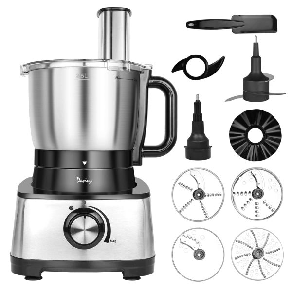 Davivy 12 Cup Food Processors, Professional Food Processor,6 Blades 9 Functions Vegetable Chopper, Black, 600W (12-Cup Stainless Steel Bowl)