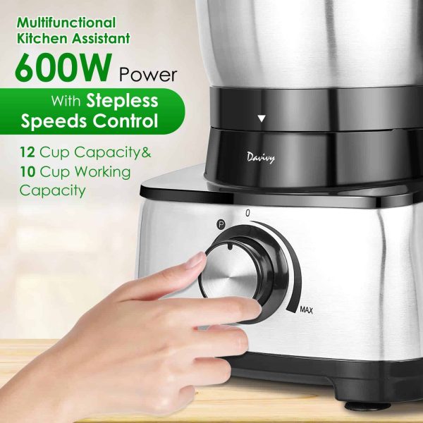 Davivy 12 Cup Food Processors, Professional Food Processor,6 Blades 9 Functions Vegetable Chopper, Black, 600W (12-Cup Stainless Steel Bowl) - Image 7