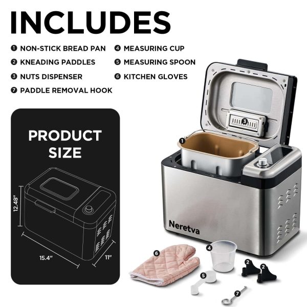 Neretva Bread Maker Machine, 15-in-1 3.3LB Automatic Breadmaker with Dual Kneading Paddles Digital - Image 2