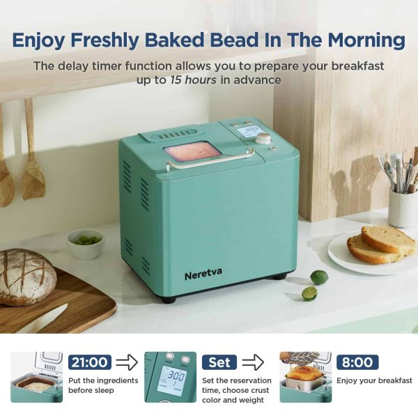 Neretva Bread Maker Machine, 20-in-1 2LB Automatic Breadmaker with Gluten Free Pizza Sourdough Setting   Green - Image 3
