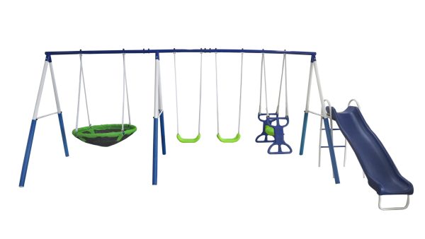 XDP Recreation All-Star Playground Metal Swing Set.  Featuring Wave Slide, Space Rider, Swings, and Super Disc Swing