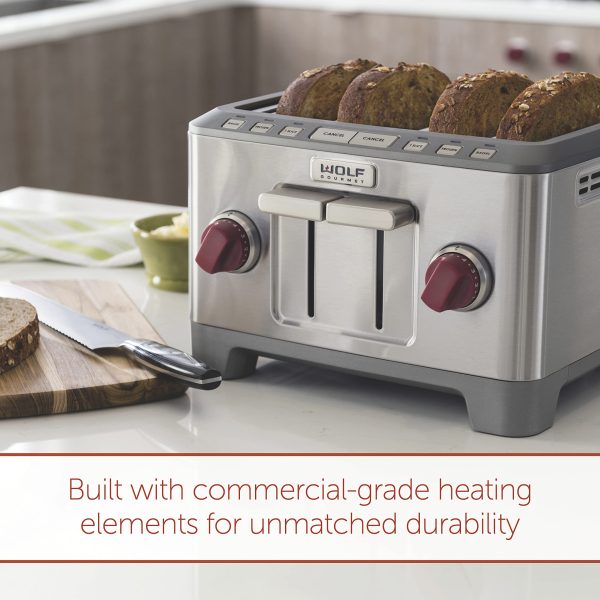 Wolf Gourmet 4-Slice Extra-Wide Slot Toaster with Shade Selector, Bagel and Defrost Settings, Red Knob, Stainless Steel - Image 3