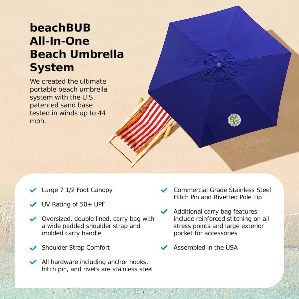 BEACHBUB All-In-One Beach Umbrella System. Includes 7.5 foot (50+ UPF) Umbrella, Oversize Bag, Base   Accessory Kit - Image 4