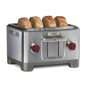Wolf Gourmet 4-Slice Extra-Wide Slot Toaster with Shade Selector, Bagel and Defrost Settings, Red Knob, Stainless Steel