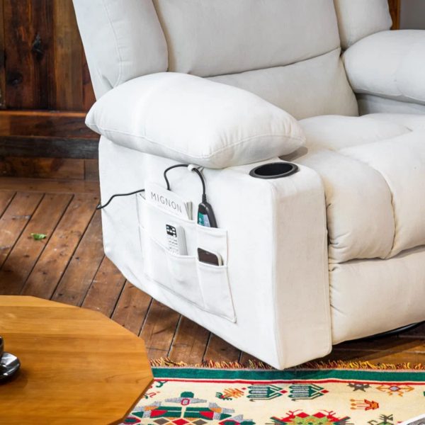 36.6  Wide Super Soft and Oversize Chenille Manual Swivel Rocker Heating Massage Recliner Chair with Cupholders for Living Room, Bedroom, Beige - Image 8