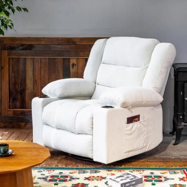 36.6  Wide Super Soft and Oversize Chenille Manual Swivel Rocker Heating Massage Recliner Chair with Cupholders for Living Room, Bedroom, Beige - Image 6