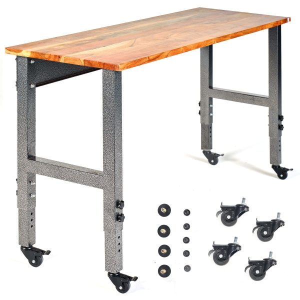 Fedmax Work Bench   61  Rolling Portable Workbench for Garage   Metal with Acacia Hardwood Top, Adjustable Legs