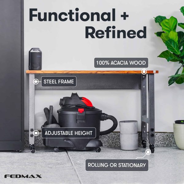 Fedmax Work Bench   61  Rolling Portable Workbench for Garage   Metal with Acacia Hardwood Top, Adjustable Legs - Image 9