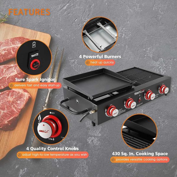 GD4002T Tailgater Tabletop Gas Grill Griddle, 4-Burner Portable Propane Grill Griddle Combo, 40 000 BTU, Black - Image 7