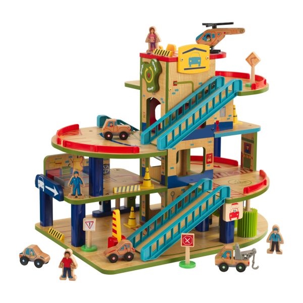 Wash N Go Wooden Car Garage Playset with 19 Accessories and Moving Elevator