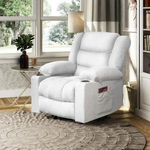 36.6  Wide Super Soft and Oversize Chenille Manual Swivel Rocker Heating Massage Recliner Chair with Cupholders for Living Room, Bedroom, Beige