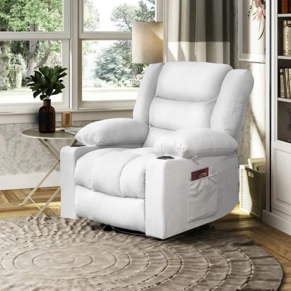 36.6  Wide Super Soft and Oversize Chenille Manual Swivel Rocker Heating Massage Recliner Chair with Cupholders for Living Room, Bedroom, Beige