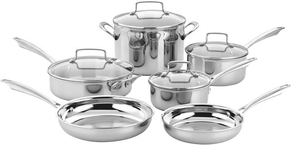 TPS-10 Professional Performance Tri-Ply 10-Piece Classic Cookware Set, Heat Surround Technology, Drip Free Pouring with Cool Grip Handles, Stainless Steel