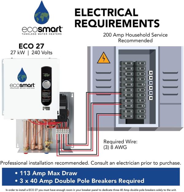 EcoSmart ECO 27 Tankless Water Heater, Electric, 27-kW   Quantity 1, 17 x 17 x 3.5 - Image 4