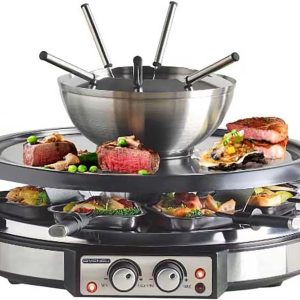 Electric Fondue Pot Sets with Barbecue Grill, 600ml Fondue Pot with 8 Forks and Electric Raclette, Dual Adjustable Thermostats, Perfect Fondue Grill Combo for Family Fun