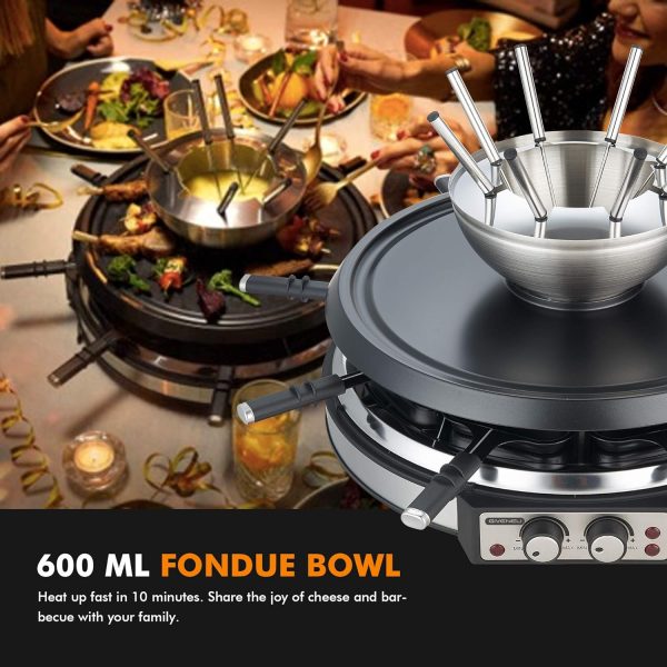 Electric Fondue Pot Sets with Barbecue Grill, 600ml Fondue Pot with 8 Forks and Electric Raclette, Dual Adjustable Thermostats, Perfect Fondue Grill Combo for Family Fun - Image 3