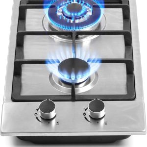 12  Gas Cooktops, 2 Burner Drop-in Propane/Natural Gas Cooker, 12 Inch Stainless Steel Gas Stove Top Dual Fuel Easy to Clean (12Wx20L)