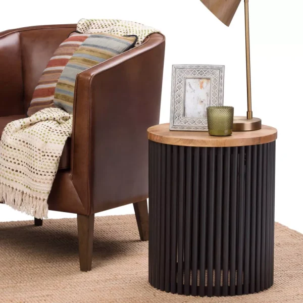 WyndenHall 18  Karl Metal and Wood Accent Table Natural/Black: Modern Round Side Table for Living Room, Stained Mango Wood - Image 2